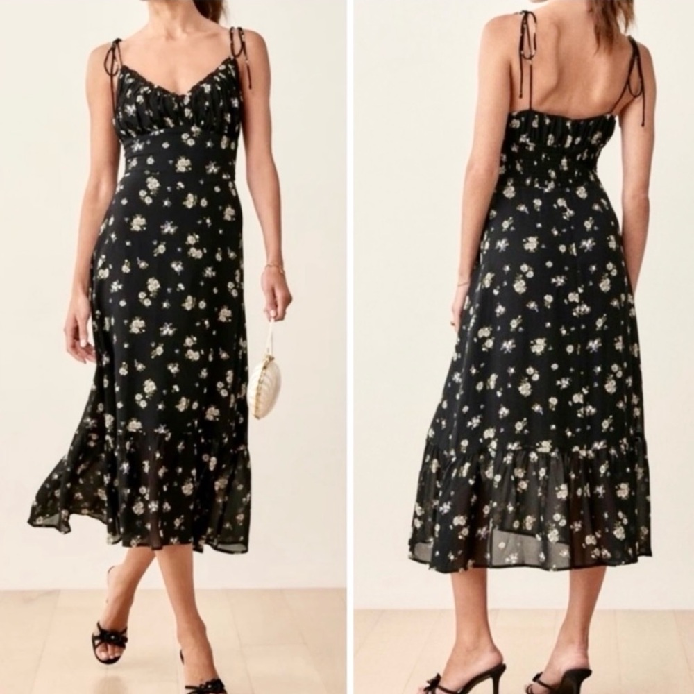 GORGEOUS Reformation Embry Black Dress with Sweet and Small Sunflower Print. NWT